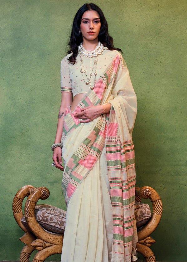White Elegant Cotton Silk Blended Saree – Graceful & Lustrous Drape ClothsVilla