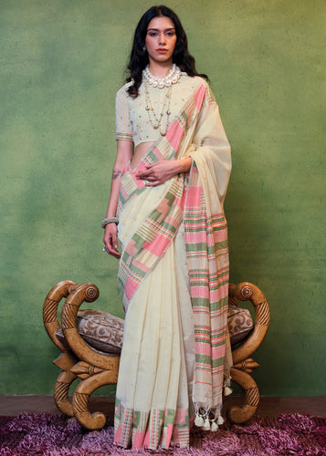 White Elegant Cotton Silk Blended Saree – Graceful & Lustrous Drape ClothsVilla