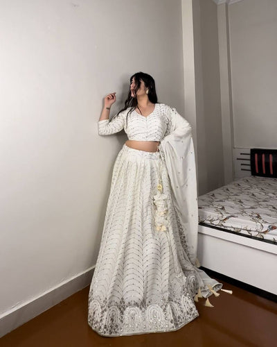 White Elegant Designer Lehenga-Choli Set with Embroidery & Sequence Work ClothsVilla