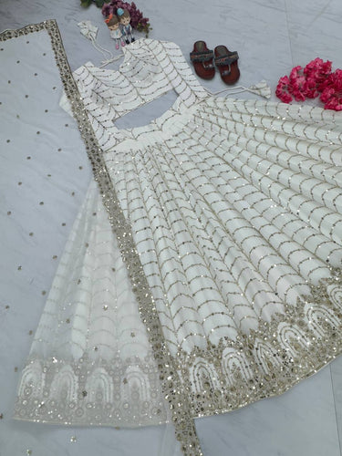 White Elegant Designer Lehenga-Choli Set with Embroidery & Sequence Work ClothsVilla