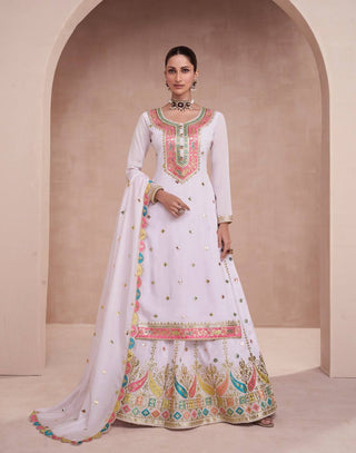 White Elegant Embroidered Chinon Kurti Lehenga Set with Faux Georgette Dupatta ClothsVilla