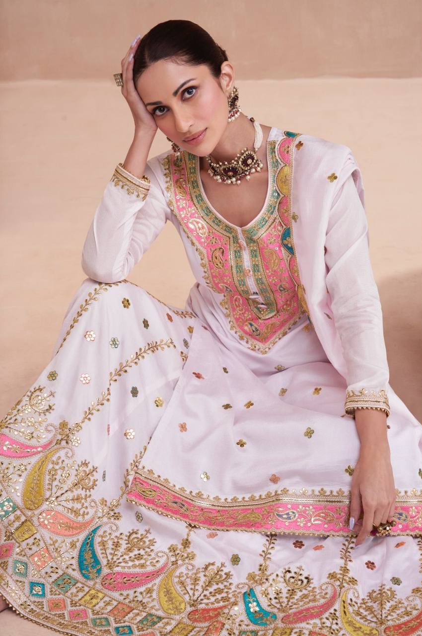 White Elegant Embroidered Chinon Kurti Lehenga Set with Faux Georgette Dupatta ClothsVilla