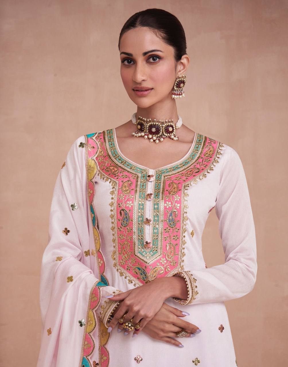 White Elegant Embroidered Chinon Kurti Lehenga Set with Faux Georgette Dupatta ClothsVilla