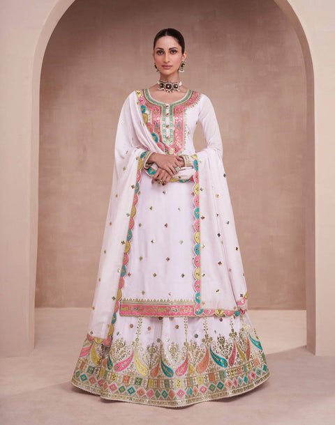 White Elegant Embroidered Chinon Kurti Lehenga Set with Faux Georgette Dupatta ClothsVilla Main image