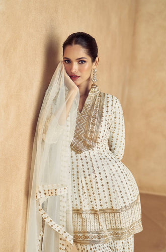 White Elegant Embroidered Chinon Plazo Suit with Dupatta ClothsVilla