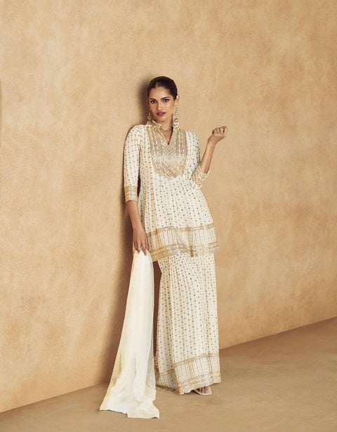 White Elegant Embroidered Chinon Plazo Suit with Dupatta ClothsVilla Main image