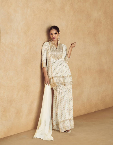 White Elegant Embroidered Chinon Plazo Suit with Dupatta ClothsVilla