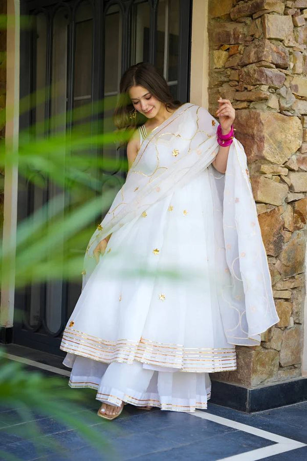 White Elegant Faux Georgette Anarkali Gown Set with 4-Meter Flair, Soft Georgette Dupatta & Plazo Bottom – Fully Stitched Party Wear Set for Women Clothsvilla