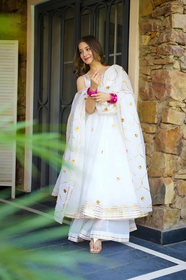 White Elegant Faux Georgette Anarkali Gown Set with 4-Meter Flair, Soft Georgette Dupatta & Plazo Bottom – Fully Stitched Party Wear Set for Women Clothsvilla