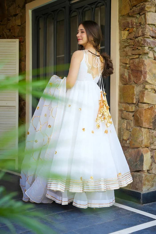 White Elegant Faux Georgette Anarkali Gown Set with 4-Meter Flair, Soft Georgette Dupatta & Plazo Bottom – Fully Stitched Party Wear Set for Women Clothsvilla