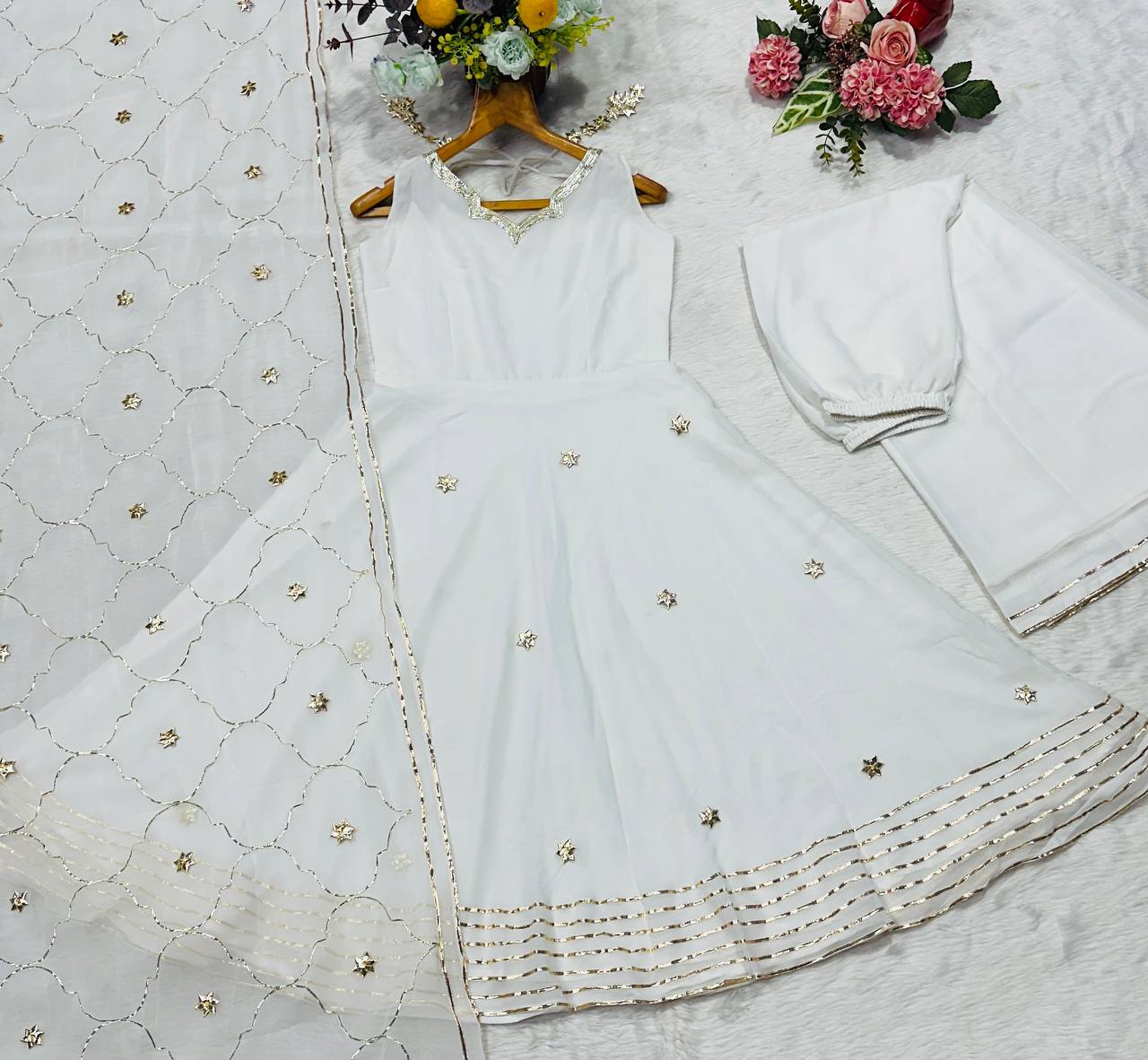 White Elegant Faux Georgette Anarkali Gown Set with 4-Meter Flair, Soft Georgette Dupatta & Plazo Bottom – Fully Stitched Party Wear Set for Women Clothsvilla