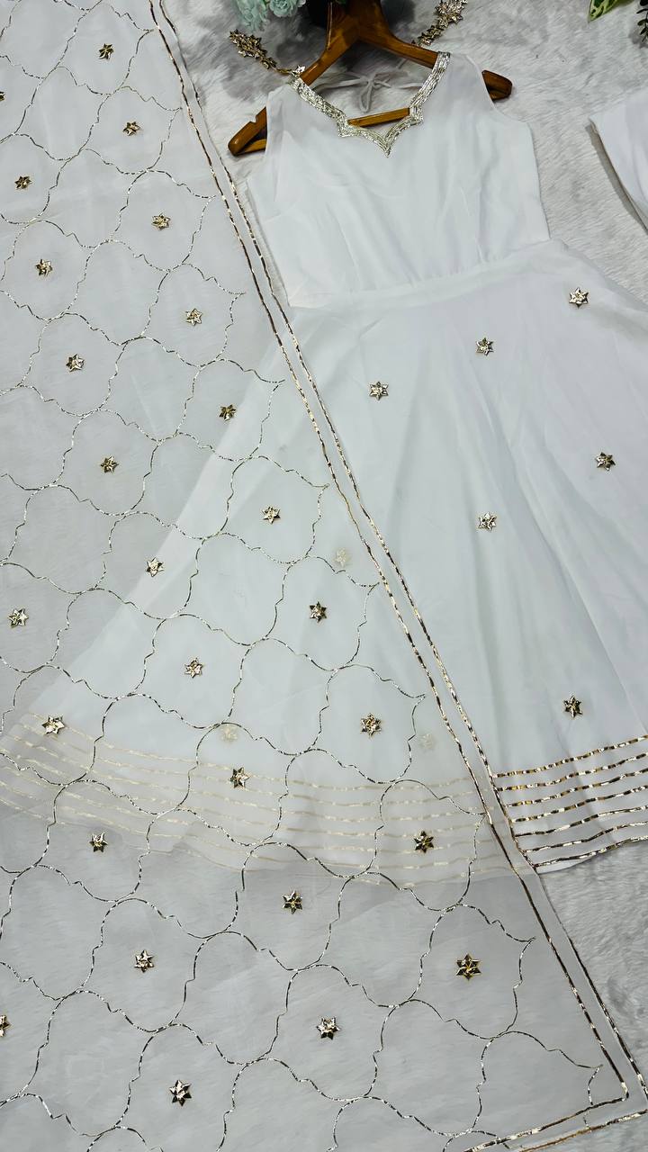White Elegant Faux Georgette Anarkali Gown Set with 4-Meter Flair, Soft Georgette Dupatta & Plazo Bottom – Fully Stitched Party Wear Set for Women Clothsvilla