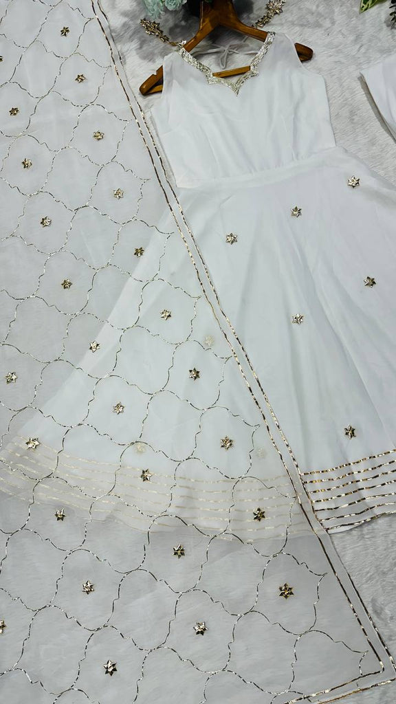 White Elegant Faux Georgette Anarkali Gown Set with 4-Meter Flair, Soft Georgette Dupatta & Plazo Bottom – Fully Stitched Party Wear Set for Women Clothsvilla