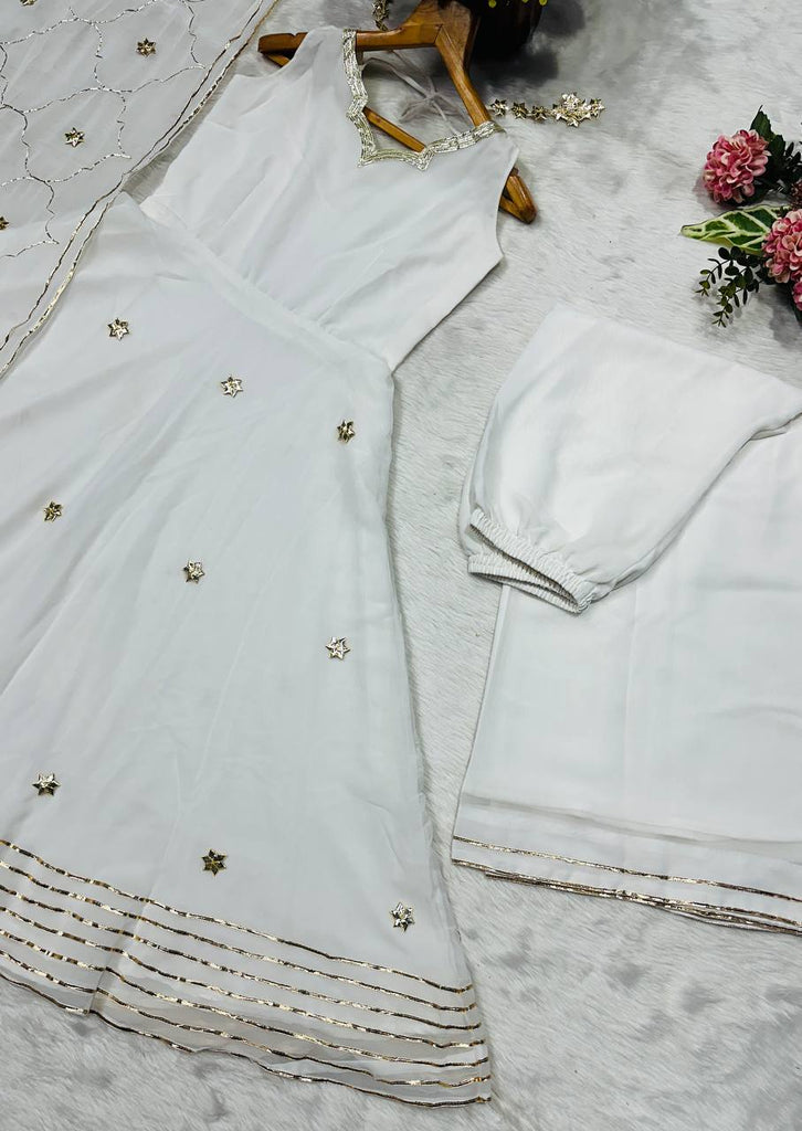 White Elegant Faux Georgette Anarkali Gown Set with 4-Meter Flair, Soft Georgette Dupatta & Plazo Bottom – Fully Stitched Party Wear Set for Women Clothsvilla