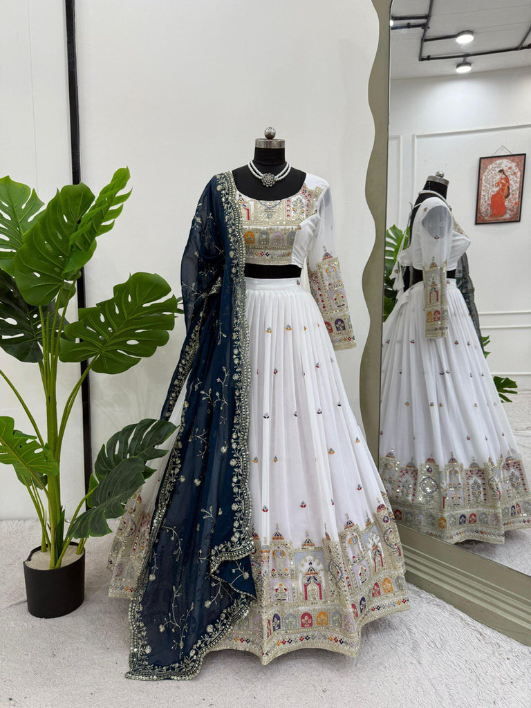 White Elegant Faux Georgette Lehenga Choli Set with Heavy Embroidery & Dupatta ClothsVilla