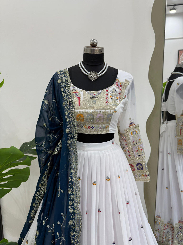 White Elegant Faux Georgette Lehenga Choli Set with Heavy Embroidery & Dupatta ClothsVilla