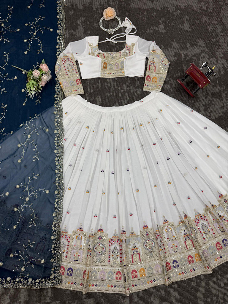 White Elegant Faux Georgette Lehenga Choli Set with Heavy Embroidery & Dupatta ClothsVilla