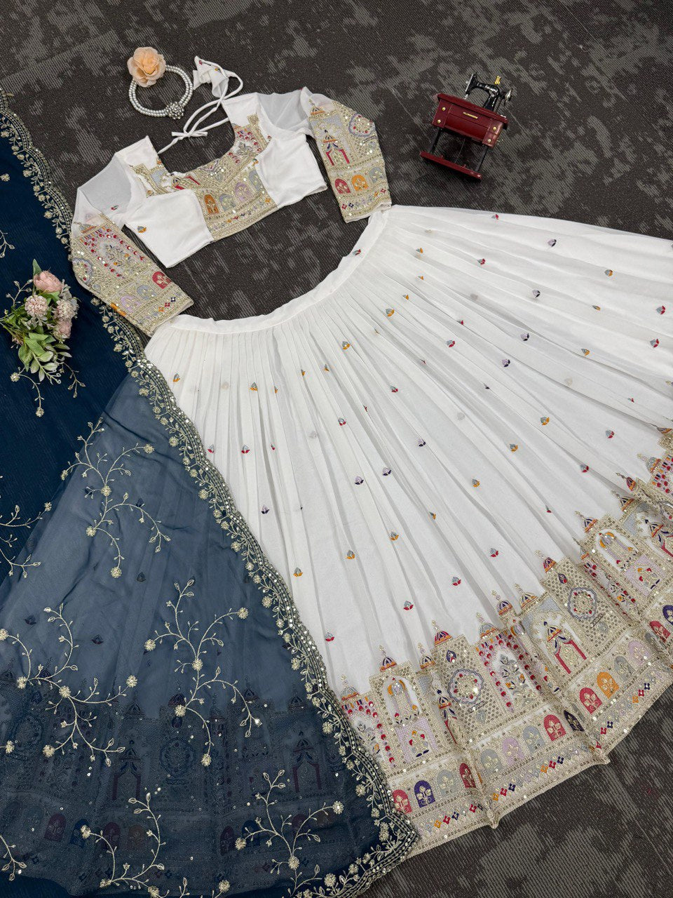 White Elegant Faux Georgette Lehenga Choli Set with Heavy Embroidery & Dupatta ClothsVilla