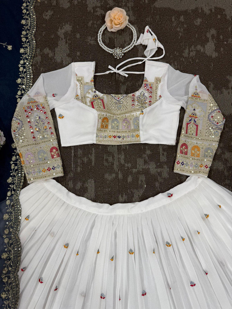 White Elegant Faux Georgette Lehenga Choli Set with Heavy Embroidery & Dupatta ClothsVilla