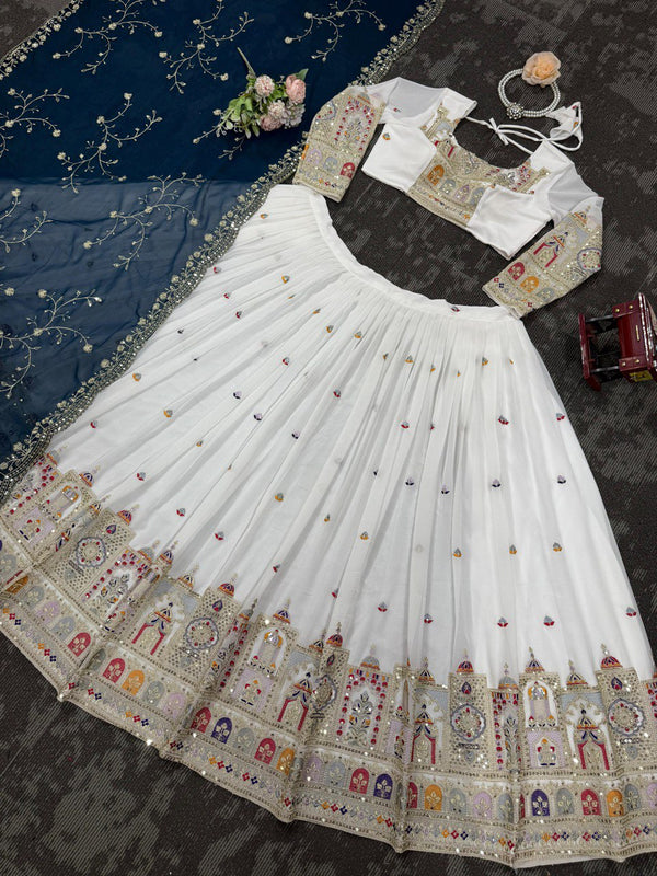 White Elegant Faux Georgette Lehenga Choli Set with Heavy Embroidery & Dupatta ClothsVilla