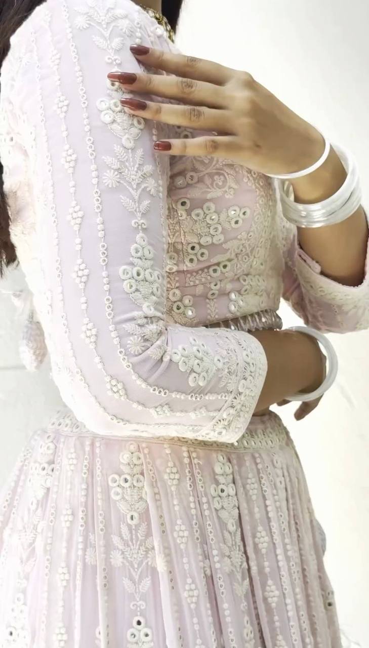 White Elegant Faux Georgette Lehenga Choli Set with  Sequin Work & Designer Dupatta Clothsvilla