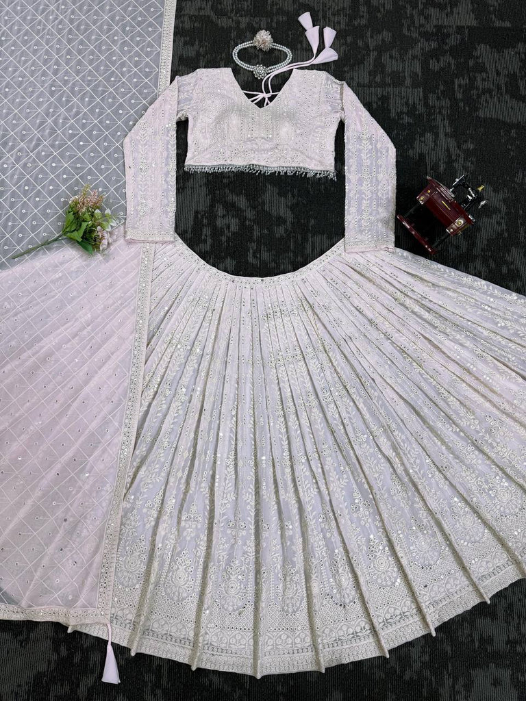 White Elegant Faux Georgette Lehenga Choli Set with  Sequin Work & Designer Dupatta Clothsvilla