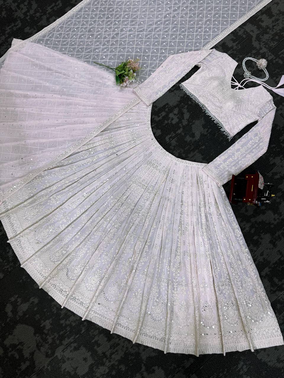 White Elegant Faux Georgette Lehenga Choli Set with  Sequin Work & Designer Dupatta Clothsvilla