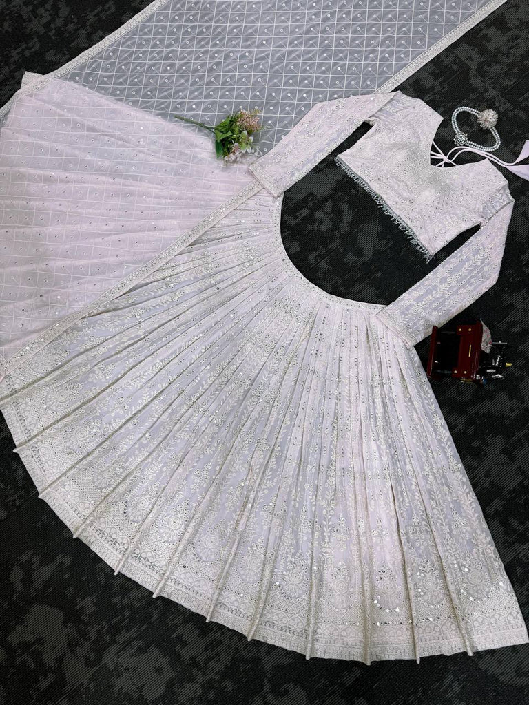White Elegant Faux Georgette Lehenga Choli Set with  Sequin Work & Designer Dupatta Clothsvilla