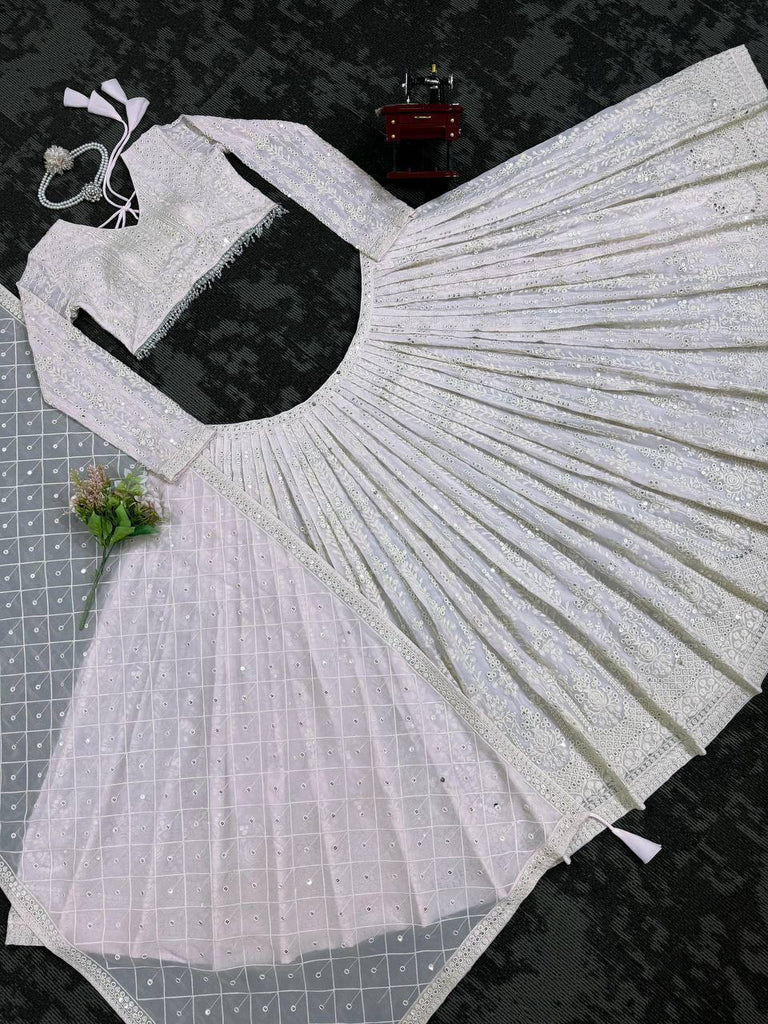 White Elegant Faux Georgette Lehenga Choli Set with  Sequin Work & Designer Dupatta Clothsvilla