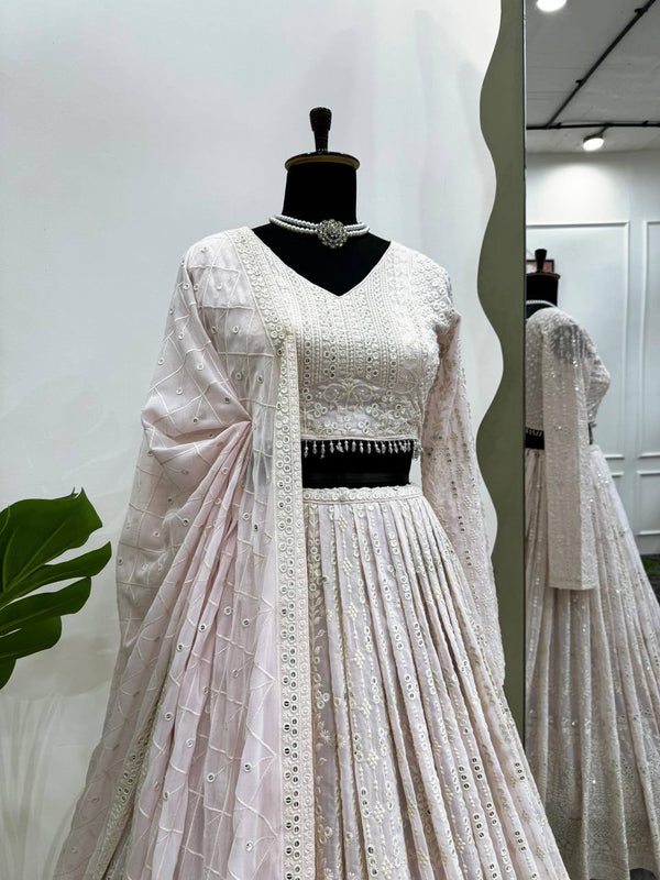 White Elegant Faux Georgette Lehenga Choli Set with  Sequin Work & Designer Dupatta Clothsvilla