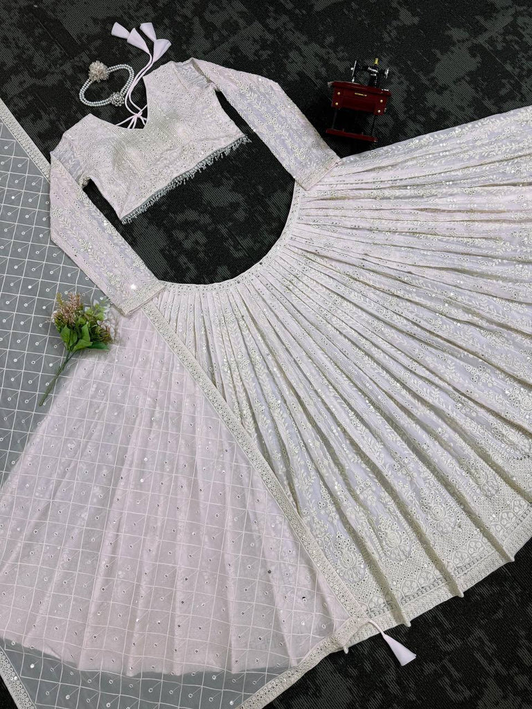 White Elegant Faux Georgette Lehenga Choli Set with  Sequin Work & Designer Dupatta Clothsvilla