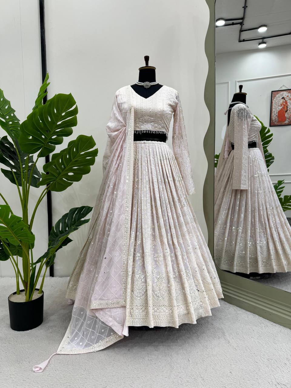 White Elegant Faux Georgette Lehenga Choli Set with  Sequin Work & Designer Dupatta Clothsvilla