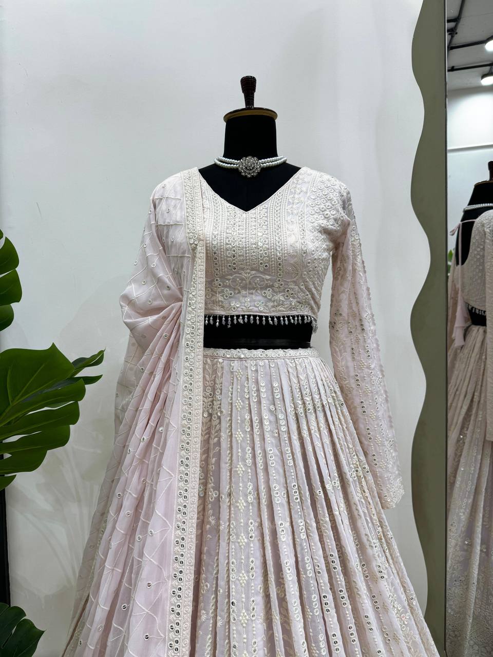 White Elegant Faux Georgette Lehenga Choli Set with  Sequin Work & Designer Dupatta Clothsvilla