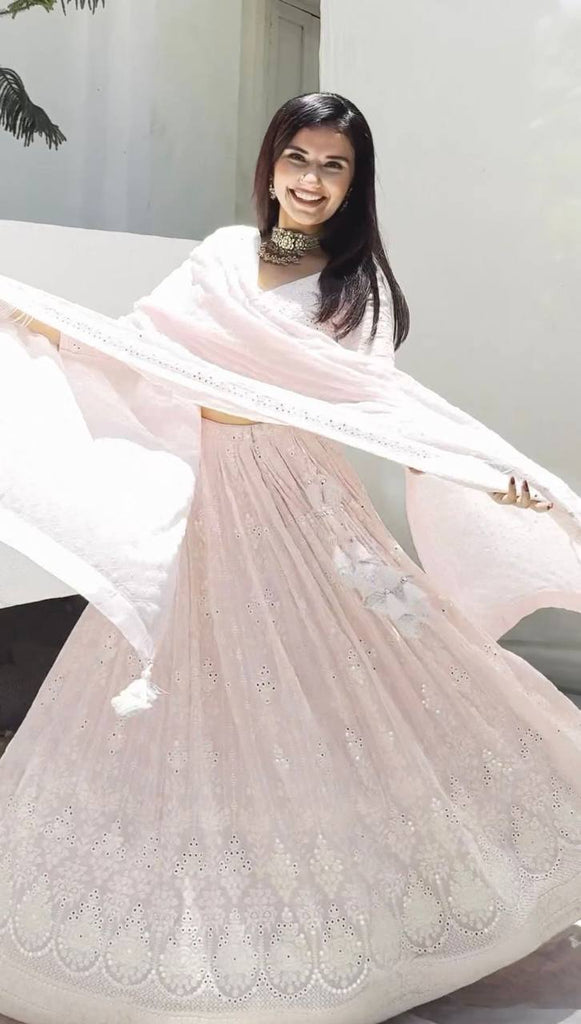 White Elegant Faux Georgette Lehenga Choli Set with  Sequin Work & Designer Dupatta Clothsvilla