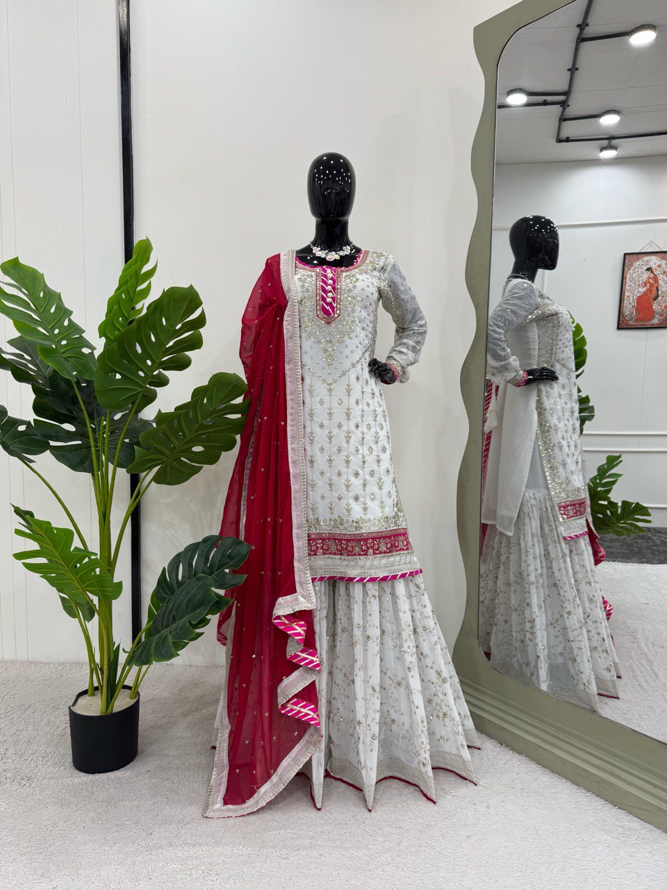 White Elegant Faux Georgette Sharara Set with Dupatta ClothsVilla