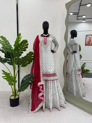 White Elegant Faux Georgette Sharara Set with Dupatta ClothsVilla