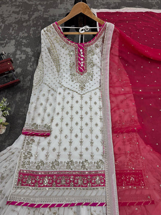 White Elegant Faux Georgette Sharara Set with Dupatta ClothsVilla