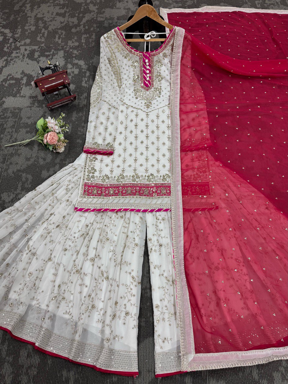 White Elegant Faux Georgette Sharara Set with Dupatta ClothsVilla