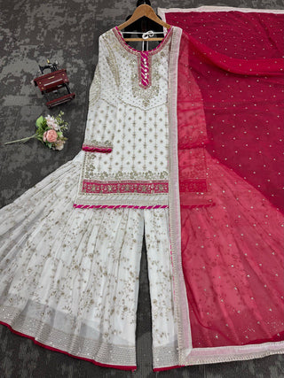 White Elegant Faux Georgette Sharara Set with Dupatta ClothsVilla