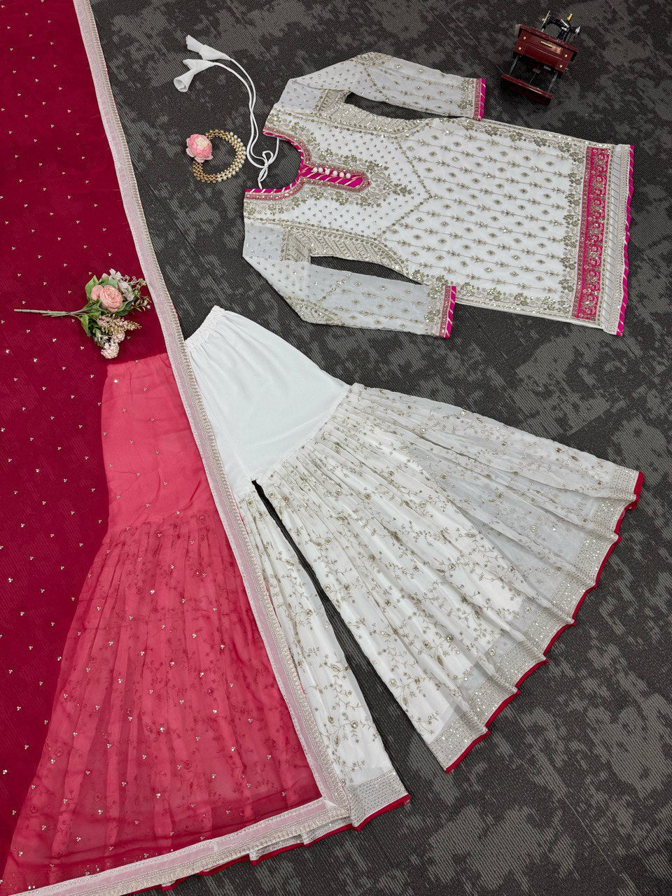 White Elegant Faux Georgette Sharara Set with Dupatta ClothsVilla