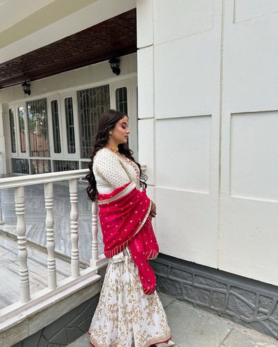 White Elegant Faux Georgette Sharara Set with Dupatta ClothsVilla