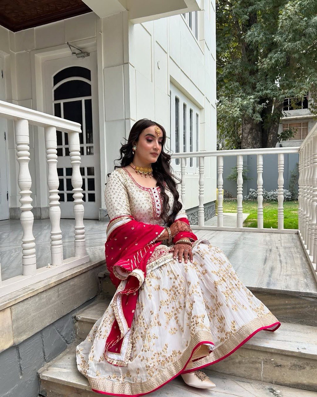 White Elegant Faux Georgette Sharara Set with Dupatta ClothsVilla Main image