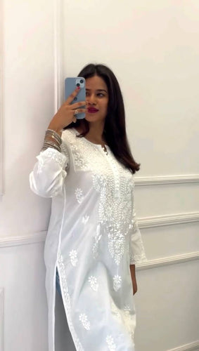 White Elegant Faux Georgette Thread Work Kurti ClothsVilla