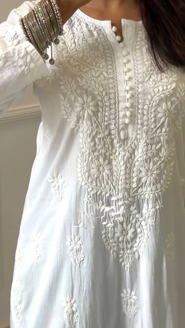 White Elegant Faux Georgette Thread Work Kurti ClothsVilla