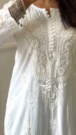 White Elegant Faux Georgette Thread Work Kurti ClothsVilla