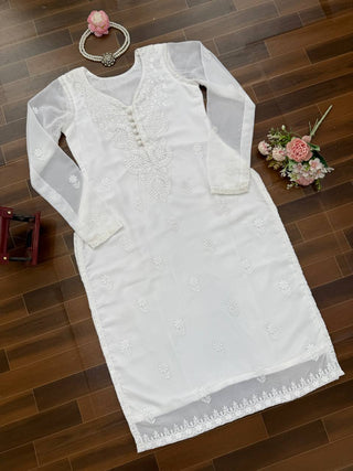 White Elegant Faux Georgette Thread Work Kurti ClothsVilla