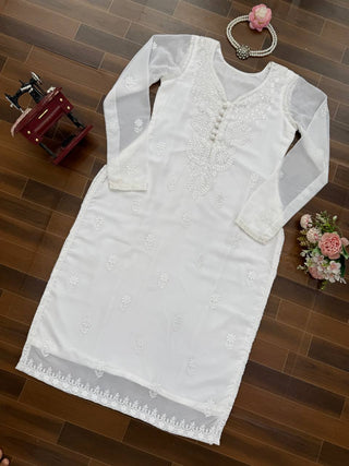 White Elegant Faux Georgette Thread Work Kurti ClothsVilla