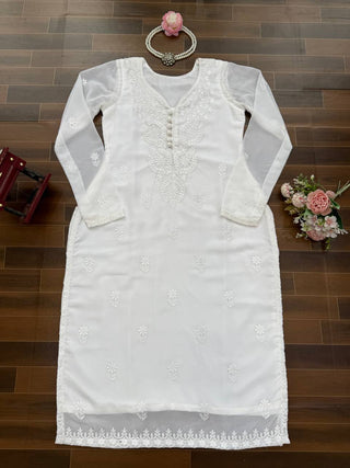 White Elegant Faux Georgette Thread Work Kurti ClothsVilla