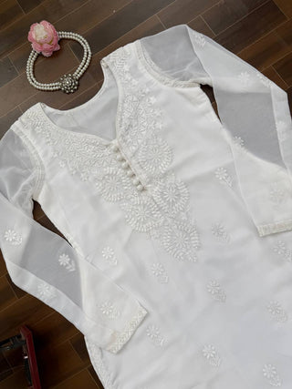 White Elegant Faux Georgette Thread Work Kurti ClothsVilla