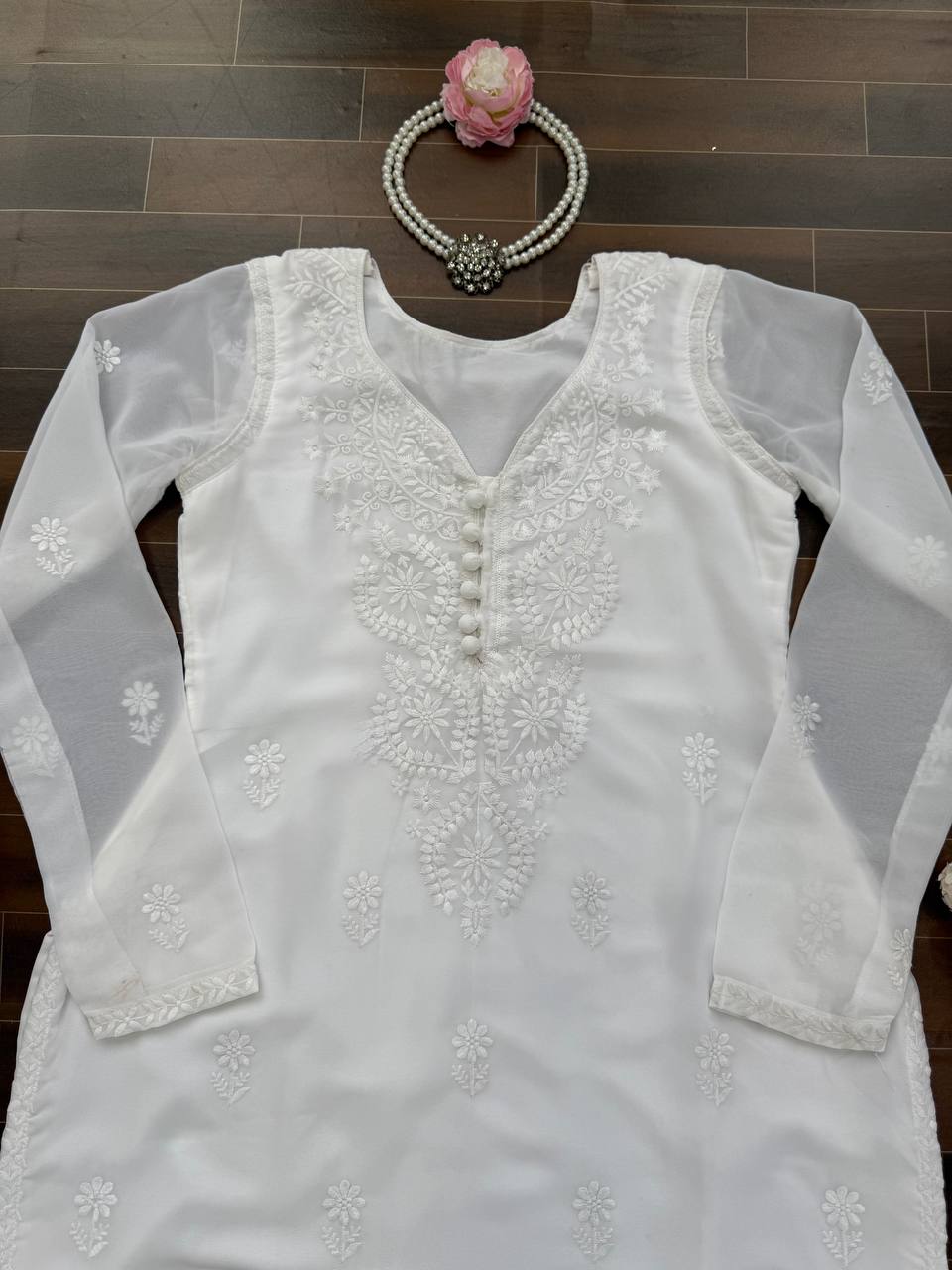 White Elegant Faux Georgette Thread Work Kurti ClothsVilla